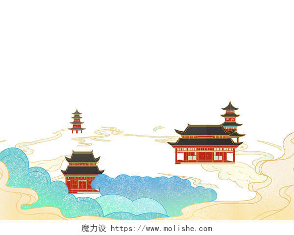 中国风手绘国潮建筑插画png素材
